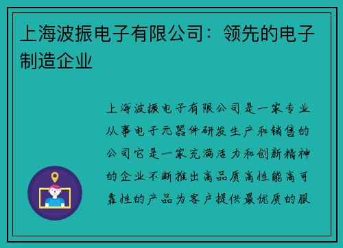 上海波振电子有限公司：领先的电子制造企业